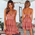 Best selling Summer Sweet Casual Party Style Dresses Striped  sling sexy v-neck bow lace splice dress